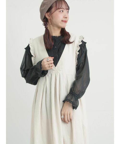 Samansa Mos2（サマンサ モスモス）の「【Cross×Linen】肩フリル前後2WAYジャンパースカート（ワンピース・レディース・ブラック/ベージュ・S/M）」の16枚目の写真