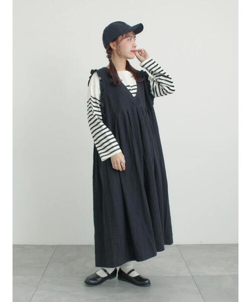 Samansa Mos2（サマンサ モスモス）の「【Cross×Linen】肩フリル前後2WAYジャンパースカート（ワンピース・レディース・ブラック/ベージュ・S/M）」の19枚目の写真