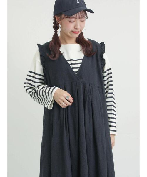 Samansa Mos2（サマンサ モスモス）の「【Cross×Linen】肩フリル前後2WAYジャンパースカート（ワンピース・レディース・ブラック/ベージュ・S/M）」の21枚目の写真