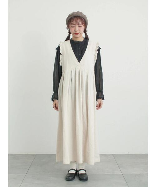 セール】【Cross×Linen】肩フリル前後2WAYジャンパースカート