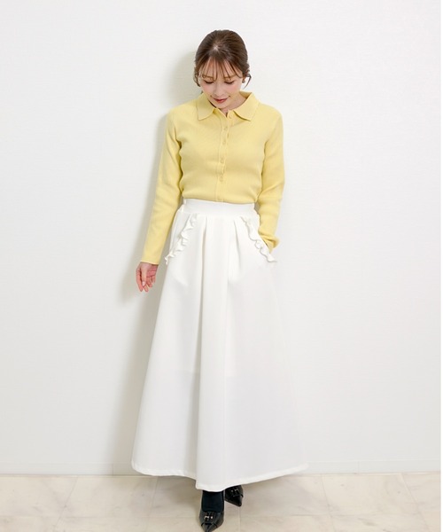 CHhdmn(シーエイチヒデモン)の「フリルポケット ダンボールニット フレアスカート ロングスカート Aライン ウエストゴム 大人カジュアル きれいめ 春スカート(スカート・レディース・ブラック/ネイビー/ホワイト・M/L)」の17枚目の写真