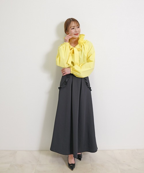 CHhdmn(シーエイチヒデモン)の「フリルポケット ダンボールニット フレアスカート ロングスカート Aライン ウエストゴム 大人カジュアル きれいめ 春スカート(スカート・レディース・ブラック/ネイビー/ホワイト・M/L)」の19枚目の写真