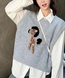 ワンポイント刺繍 レイヤード風 ニットベスト