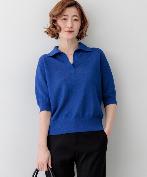 23区 L(ニジュウサンクオオキイサイズ)の「ピュアリネン スキッパー ポロニット(ニット/セーター・レディース・ブルー系/ベージュ系/レッド系/ネイビー系・44/46)」の3枚目の写真