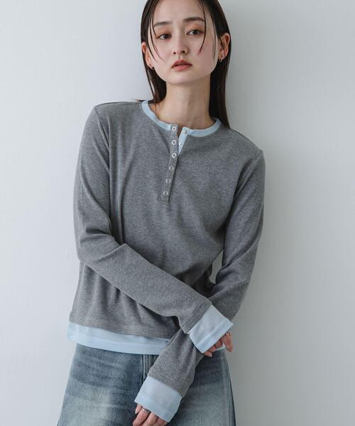 SENSE OF PLACE by URBAN RESEARCH(センスオブプレイスバイアーバンリサーチ)の「『洗濯可』ヘンリーネックレイヤードトップ(Tシャツ/カットソー・レディース・ブラック/グレー/ベージュ・ONE)」の4枚目の写真