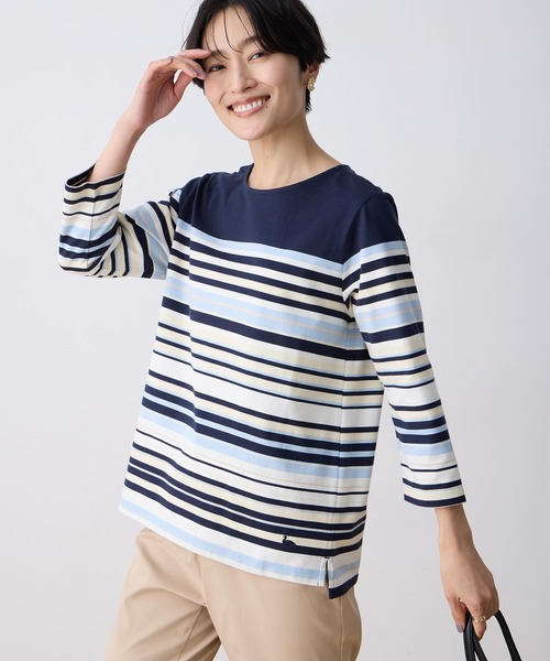 DECOY SINCE 1981(デコイシンスイチキュウハチイチ)の「パネルボーダーTシャツ【オーガニックコットンブレンド】(Tシャツ/カットソー・レディース・ピンク/ネイビー/サックスブルー・M/L/LL)」の2枚目の写真