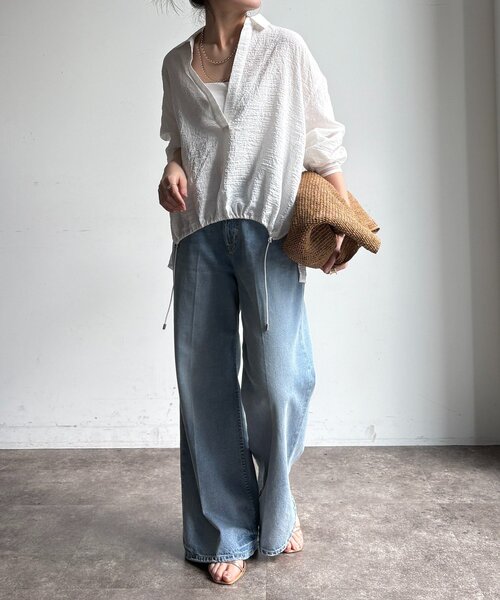 DouDou(ドゥドゥ)の「【WEB限定】ドロストスキッパーシャツ(シャツ/ブラウス・レディース・オフホワイト/ブラック/ベージュ・FREE)」の7枚目の写真