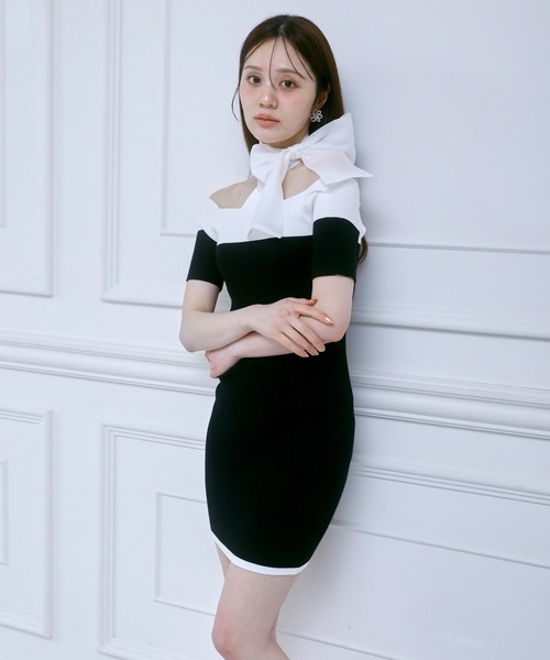 ROYAL PARTY（ロイヤルパーティー）の「配色リボンニットタイトミニワンピース（ワンピース・レディース・ベージュ/ブラック/ネイビー・FREE）」の7枚目の写真