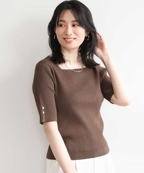 OFUON le MK(オフオンルエムケー)の「スパークナイロン半袖ニット/洗える/アンサンブル対応/WEB限定サイズあり(ニット/セーター・レディース・ライトグリーン/ブラウン/ホワイト・38/36)」の3枚目の写真