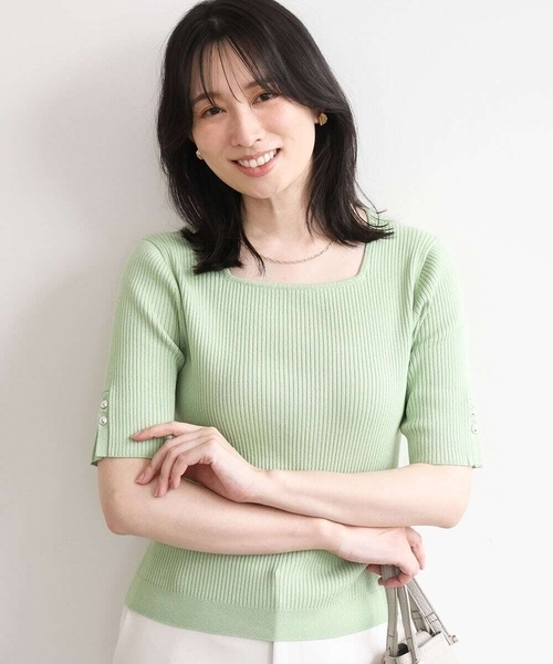 OFUON le MK(オフオンルエムケー)の「スパークナイロン半袖ニット/洗える/アンサンブル対応/WEB限定サイズあり(ニット/セーター・レディース・ライトグリーン/ブラウン/ホワイト・38/36)」の1枚目の写真