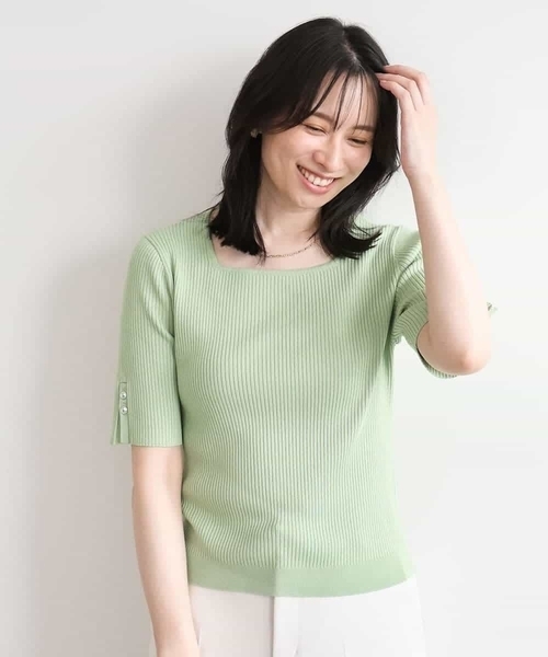 OFUON le MK(オフオンルエムケー)の「スパークナイロン半袖ニット/洗える/アンサンブル対応/WEB限定サイズあり(ニット/セーター・レディース・ライトグリーン/ブラウン/ホワイト・38/36)」の4枚目の写真