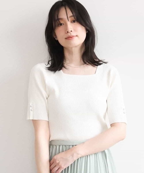 OFUON le MK(オフオンルエムケー)の「スパークナイロン半袖ニット/洗える/アンサンブル対応/WEB限定サイズあり(ニット/セーター・レディース・ライトグリーン/ブラウン/ホワイト・38/36)」の8枚目の写真