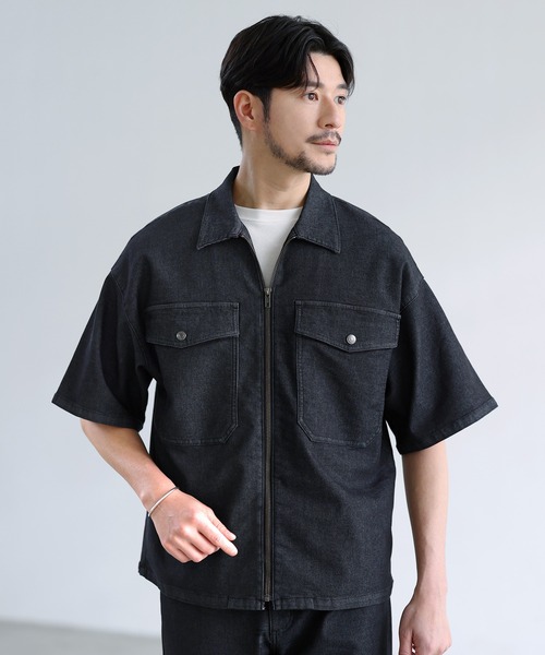 SPU（スプ）の「【セットアップ対応】【接触冷感/吸水速乾】機能性メッシュデニム半袖シャツ（シャツ/ブラウス・メンズ・インディゴブルー/ブラック/グレー・S/M/L）」の2枚目の写真