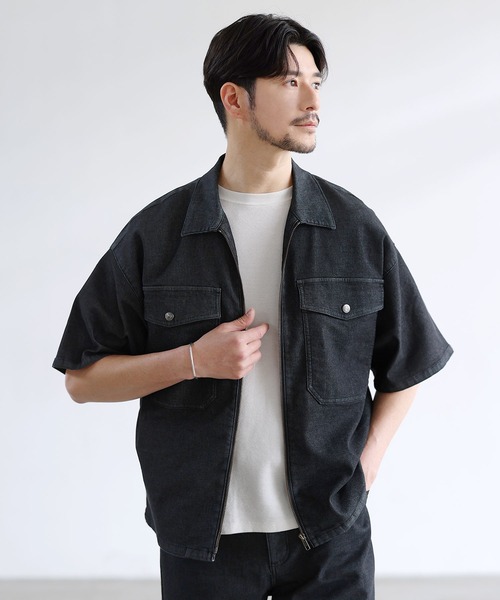 SPU（スプ）の「【セットアップ対応】【接触冷感/吸水速乾】機能性メッシュデニム半袖シャツ（シャツ/ブラウス・メンズ・インディゴブルー/ブラック/グレー・S/M/L）」の4枚目の写真