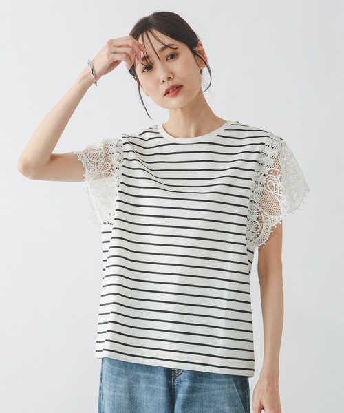 GLOBAL WORK（グローバルワーク）の「ひんやり涼しい/フローズン袖レースプルオーバー半袖/665876（Tシャツ/カットソー・レディース・ホワイト×ブラック/ブラック/アイボリー・LARGE/MEDIUM）」の2枚目の写真