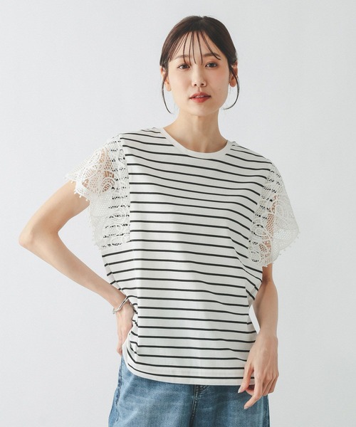 GLOBAL WORK（グローバルワーク）の「ひんやり涼しい/フローズン袖レースプルオーバー半袖/665876（Tシャツ/カットソー・レディース・ホワイト×ブラック/ブラック/アイボリー・LARGE/MEDIUM）」の6枚目の写真