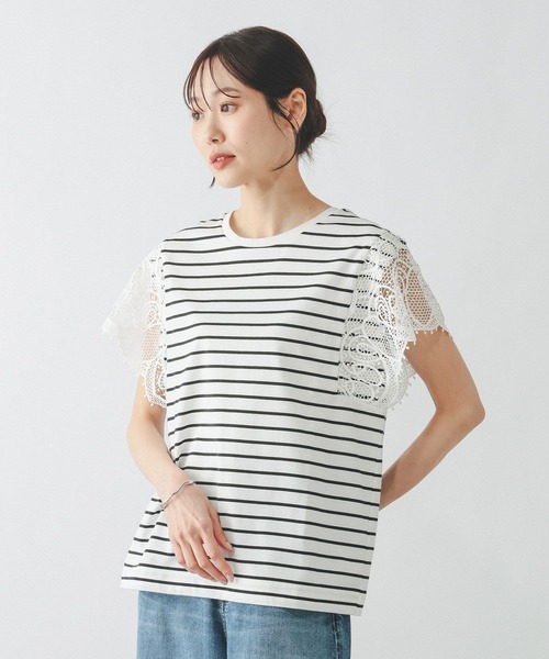 GLOBAL WORK（グローバルワーク）の「ひんやり涼しい/フローズン袖レースプルオーバー半袖/665876（Tシャツ/カットソー・レディース・ホワイト×ブラック/ブラック/アイボリー・LARGE/MEDIUM）」の7枚目の写真