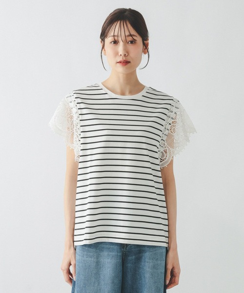 GLOBAL WORK（グローバルワーク）の「ひんやり涼しい/フローズン袖レースプルオーバー半袖/665876（Tシャツ/カットソー・レディース・ホワイト×ブラック/ブラック/アイボリー・LARGE/MEDIUM）」の8枚目の写真