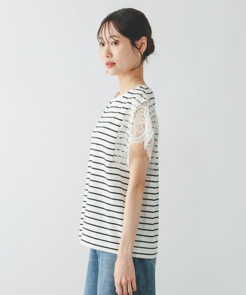 GLOBAL WORK（グローバルワーク）の「ひんやり涼しい/フローズン袖レースプルオーバー半袖/665876（Tシャツ/カットソー・レディース・ホワイト×ブラック/ブラック/アイボリー・LARGE/MEDIUM）」の9枚目の写真