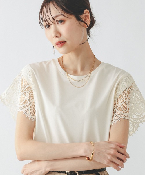 GLOBAL WORK（グローバルワーク）の「ひんやり涼しい/フローズン袖レースプルオーバー半袖/665876（Tシャツ/カットソー・レディース・ホワイト×ブラック/ブラック/アイボリー・LARGE/MEDIUM）」の18枚目の写真