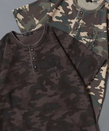 Camouflage Pattern Cross Logo Embroidery Thermal/カモフラ柄 ヴィンテージライク クロスロゴ ワンポイント刺繍 ショート丈 サーマル ワッフル ヘンリーネック 半袖Tシャツ レディース メンズ