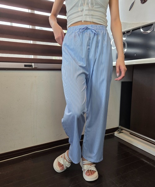 Loco Ocean（ロコオーシャン）の「【全2色】パステルカラー ストライプワイドレッグパンツ / リラックスパンツ / ワンマイルウェア（その他パンツ・レディース・ブルー/イエロー・FREE）」の8枚目の写真