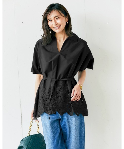 DoCLASSE（ ドゥクラッセ）の「カットワークレース・スキッパーシャツ（チュニック・レディース・ブルー/ホワイト/ブラック・11/9/7）」の2枚目の写真