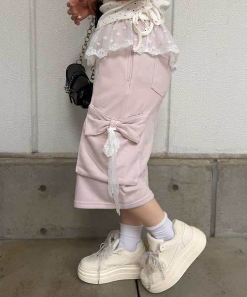 continuer de NICE CLAUP(コンティニューデナイスクラップ)の「リボンカーゴハーフ裏毛PT(その他パンツ・レディース・ブラック/トップグレー/ピンク・FREE)」の3枚目の写真