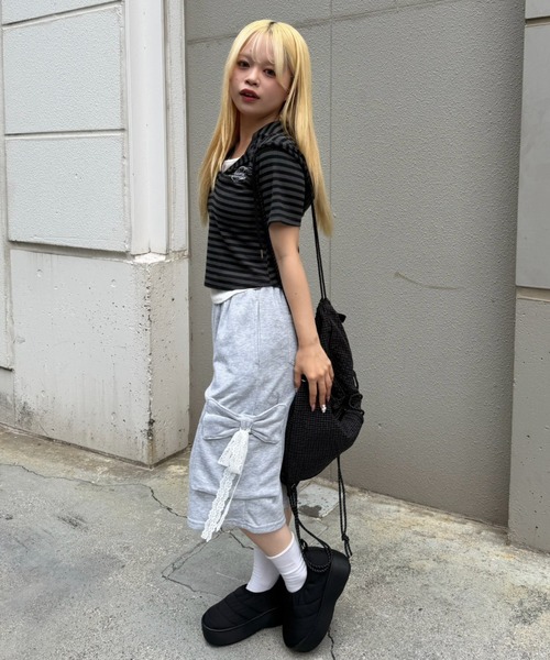 continuer de NICE CLAUP(コンティニューデナイスクラップ)の「リボンカーゴハーフ裏毛PT(その他パンツ・レディース・ブラック/トップグレー/ピンク・FREE)」の11枚目の写真