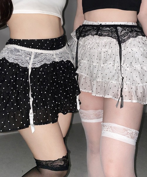 me+em select(ミームセレクト)の「【 インパン裏地付 】ドットリボンフリルミニスカート / dot ribbon frill mini skirt※※(スカート・レディース・ホワイト/ブラック・FREE)」の8枚目の写真