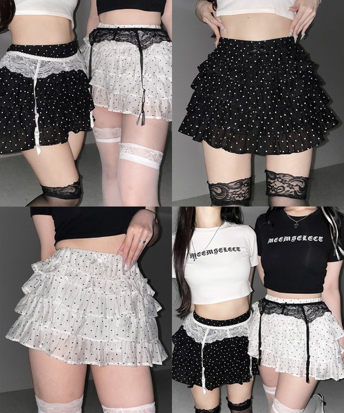 me+em select(ミームセレクト)の「【 インパン裏地付 】ドットリボンフリルミニスカート / dot ribbon frill mini skirt※※(スカート・レディース・ホワイト/ブラック・FREE)」の5枚目の写真