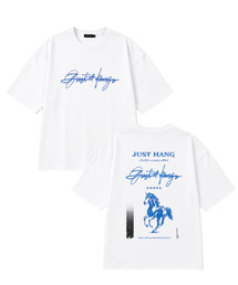 JUSTHANG（ジャストハング）の「プレミアムホワイトブルーホースオーバーサイズ半袖Tシャツ（Tシャツ/カットソー）」