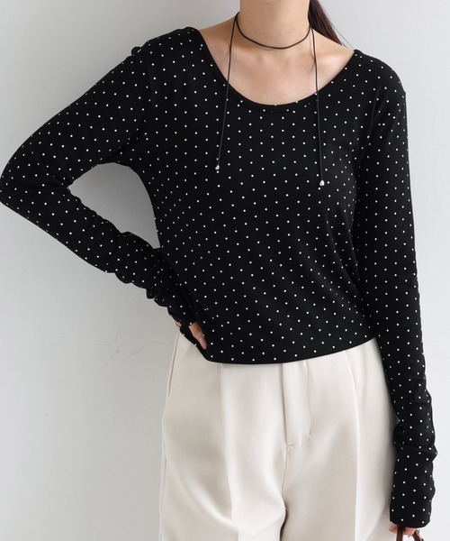 andme(アンドミー)の「ドット2way長袖トップス(Tシャツ/カットソー・レディース・ブラック/オフホワイト/グレー・M)」の6枚目の写真