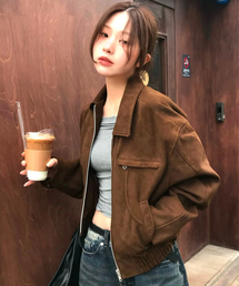 real goat leather suede blouson jacket_Camel