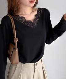 チュールレースVネックリブTシャツ