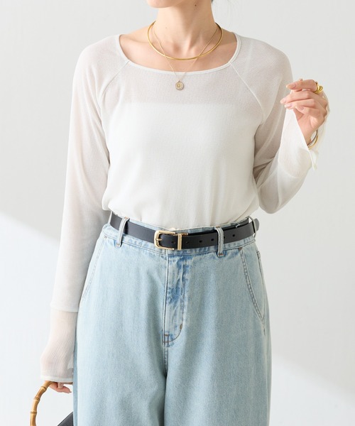 COLLAGE GALLARDAGALANTE(コラージュガリャルダガランテ)の「日焼け対策に使えるラメリブスクエアシアーT(Tシャツ/カットソー・レディース・ブラック/ホワイト/ホワイト系その他/ネイビー・FREE)」の9枚目の写真