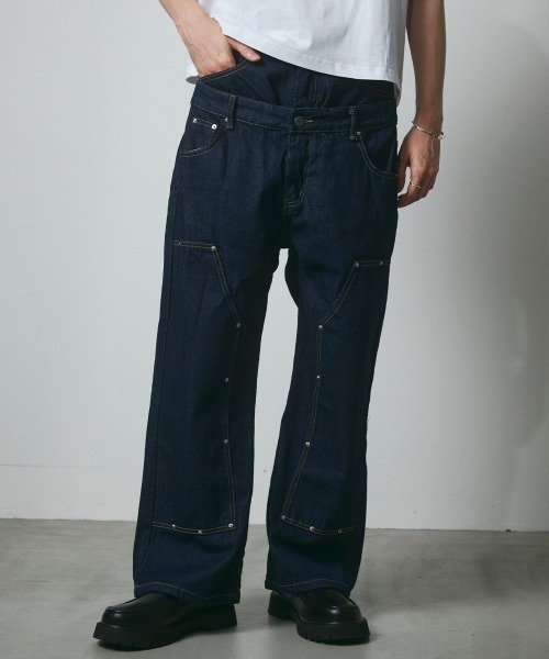 DAZE(デイズ)の「レイヤードデザイン ダブルニー デニムワイドパンツ(デニムパンツ・メンズ・ダークブルー・SMALL/MEDIUM/LARGE/X-LARGE)」の1枚目の写真