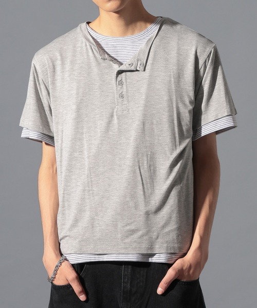 LAND MUSEUM(ランドミュージアム)の「LAND MUSEUM/ボーダーレイヤードヘンリーTシャツ(Tシャツ/カットソー・メンズ・ブラック/グレー・MEDIUM/LARGE)」の1枚目の写真