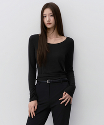 ウィメンズウールテンセルスリムスcoopネック長袖Tシャツ[ブラック]