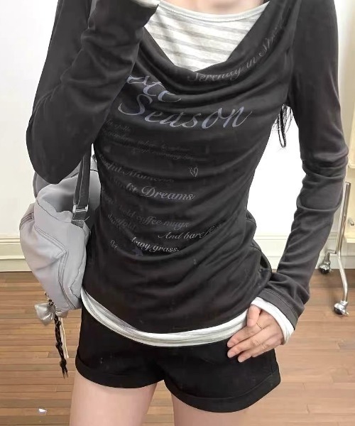 SHEENA(シーナ)の「【秋冬新作】ボーダーフェイクレイヤードドレープ長袖トップス(Tシャツ/カットソー・レディース・ミント/チャコールグレー・M)」の2枚目の写真