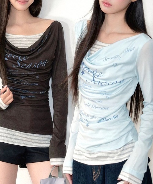 SHEENA(シーナ)の「【秋冬新作】ボーダーフェイクレイヤードドレープ長袖トップス(Tシャツ/カットソー・レディース・ミント/チャコールグレー・M)」の5枚目の写真