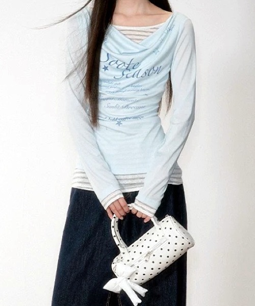 SHEENA(シーナ)の「【秋冬新作】ボーダーフェイクレイヤードドレープ長袖トップス(Tシャツ/カットソー・レディース・ミント/チャコールグレー・M)」の10枚目の写真
