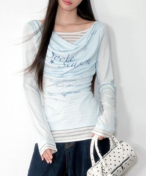 SHEENA(シーナ)の「【秋冬新作】ボーダーフェイクレイヤードドレープ長袖トップス(Tシャツ/カットソー・レディース・ミント/チャコールグレー・M)」の11枚目の写真