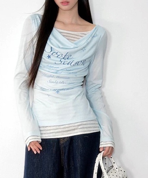 SHEENA(シーナ)の「【秋冬新作】ボーダーフェイクレイヤードドレープ長袖トップス(Tシャツ/カットソー・レディース・ミント/チャコールグレー・M)」の12枚目の写真
