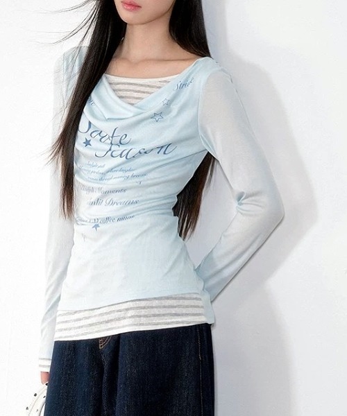 SHEENA(シーナ)の「【秋冬新作】ボーダーフェイクレイヤードドレープ長袖トップス(Tシャツ/カットソー・レディース・ミント/チャコールグレー・M)」の13枚目の写真