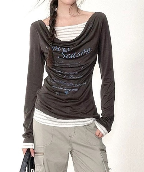 SHEENA(シーナ)の「【秋冬新作】ボーダーフェイクレイヤードドレープ長袖トップス(Tシャツ/カットソー・レディース・ミント/チャコールグレー・M)」の15枚目の写真