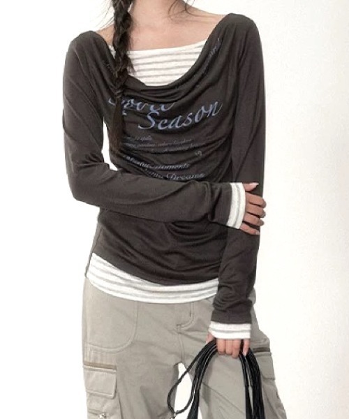 SHEENA(シーナ)の「【秋冬新作】ボーダーフェイクレイヤードドレープ長袖トップス(Tシャツ/カットソー・レディース・ミント/チャコールグレー・M)」の16枚目の写真