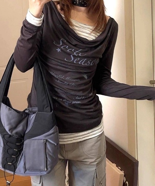 SHEENA(シーナ)の「【秋冬新作】ボーダーフェイクレイヤードドレープ長袖トップス(Tシャツ/カットソー・レディース・ミント/チャコールグレー・M)」の18枚目の写真