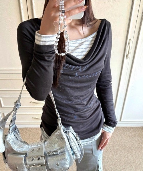 SHEENA(シーナ)の「【秋冬新作】ボーダーフェイクレイヤードドレープ長袖トップス(Tシャツ/カットソー・レディース・ミント/チャコールグレー・M)」の19枚目の写真
