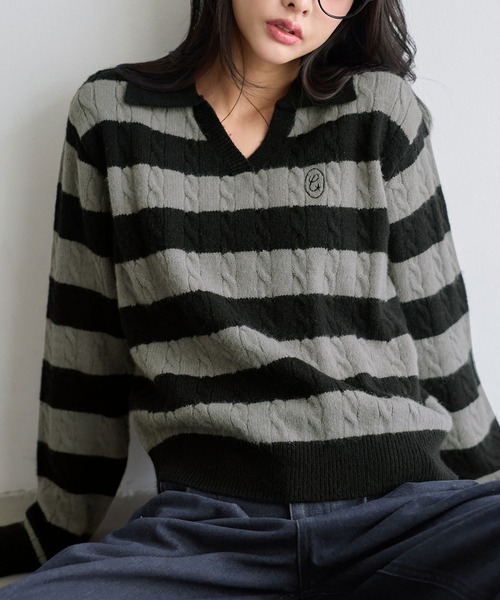CHAN ME(チャンミ)の「ケーブルデザインボーダーポロニット(ニット/セーター・レディース・ブラック系/グレー系/ブラウン系・MEDIUM/LARGE)」の2枚目の写真